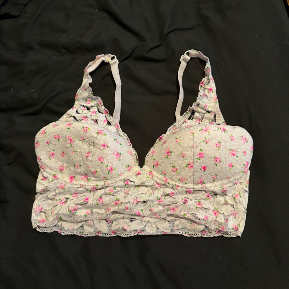 Floral Lace Bralette - White with Pink Accents